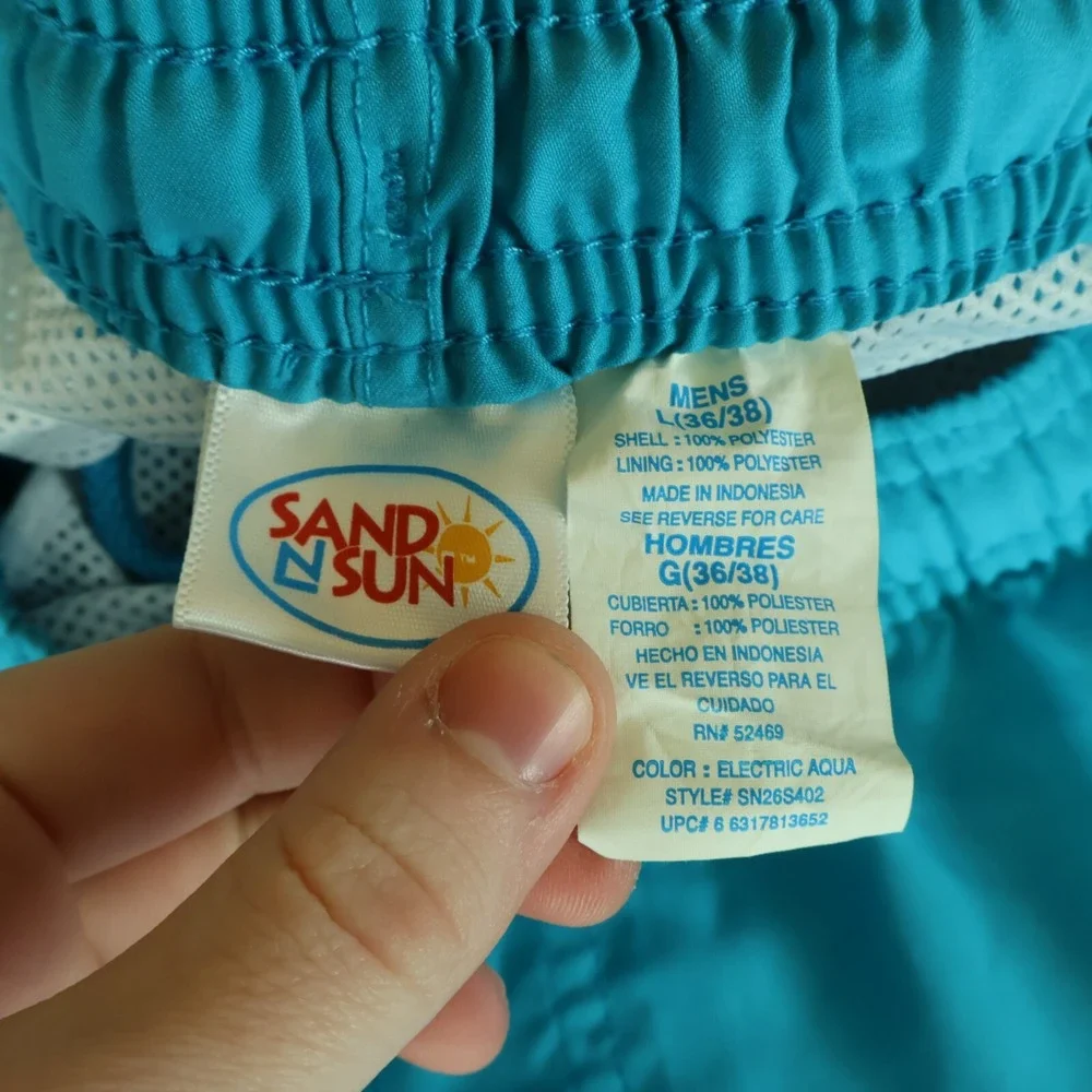 Sand N Sun Swim Trunks w/ Liner Mens L Blue 100% Polyester Pockets Stretch Waist